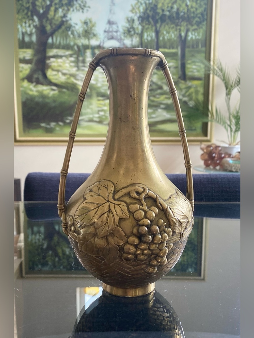 Antique Meiji Japanese Brass Basketweave Vase Grapes Bamboo Handles Signed